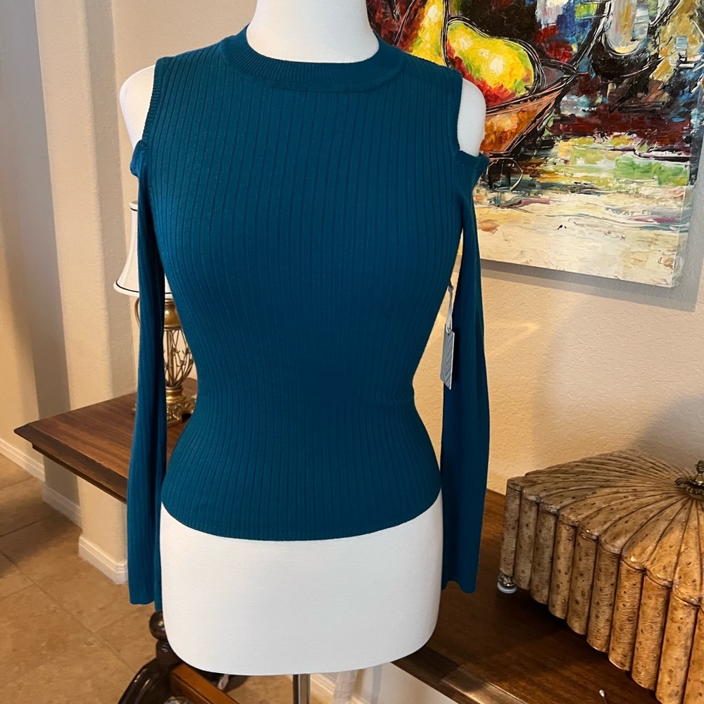 Forever 21 Teal Cold Shoulder Ribbed Top